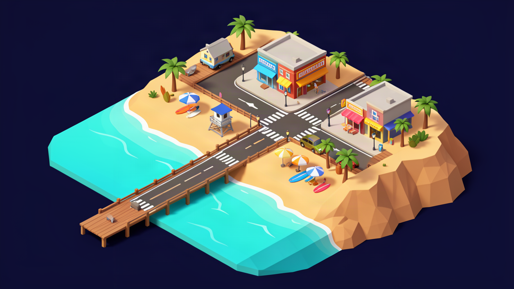 Low-poly isometric Pismo Beach mini world with pier, beach, downtown streets and storefronts