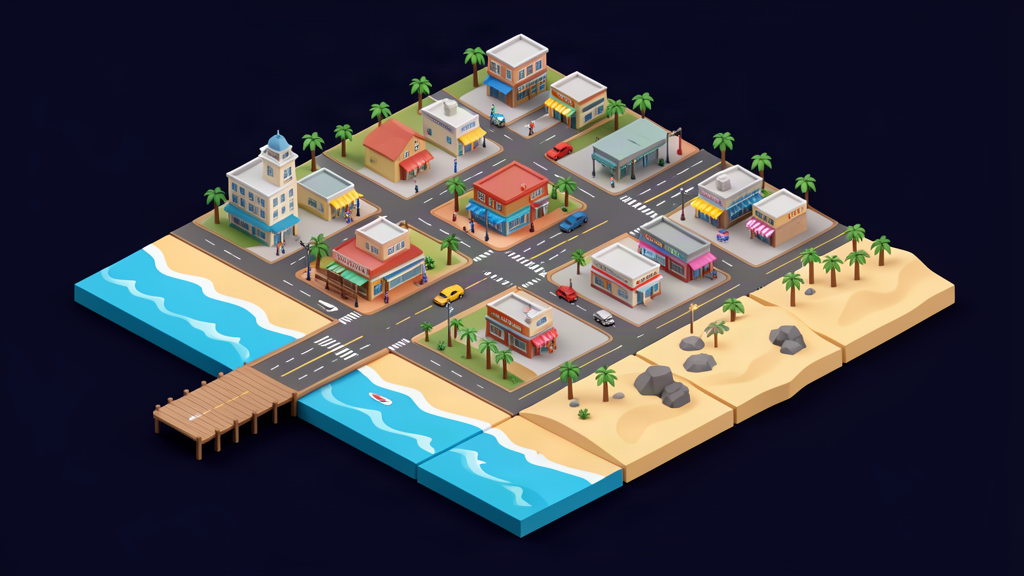 Low-poly isometric downtown Pismo Beach map island graphic