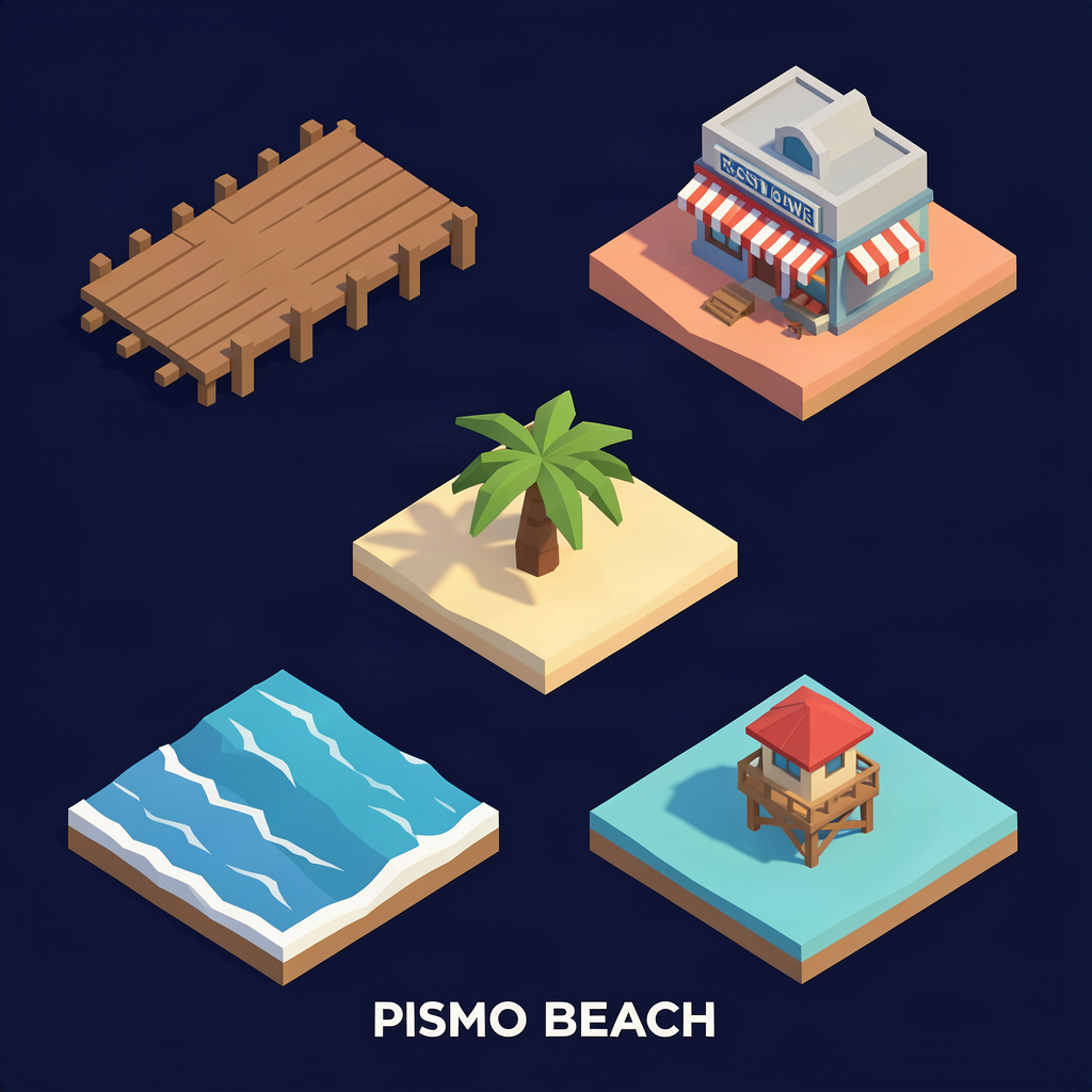 Low-poly Pismo Beach icon tile graphics
